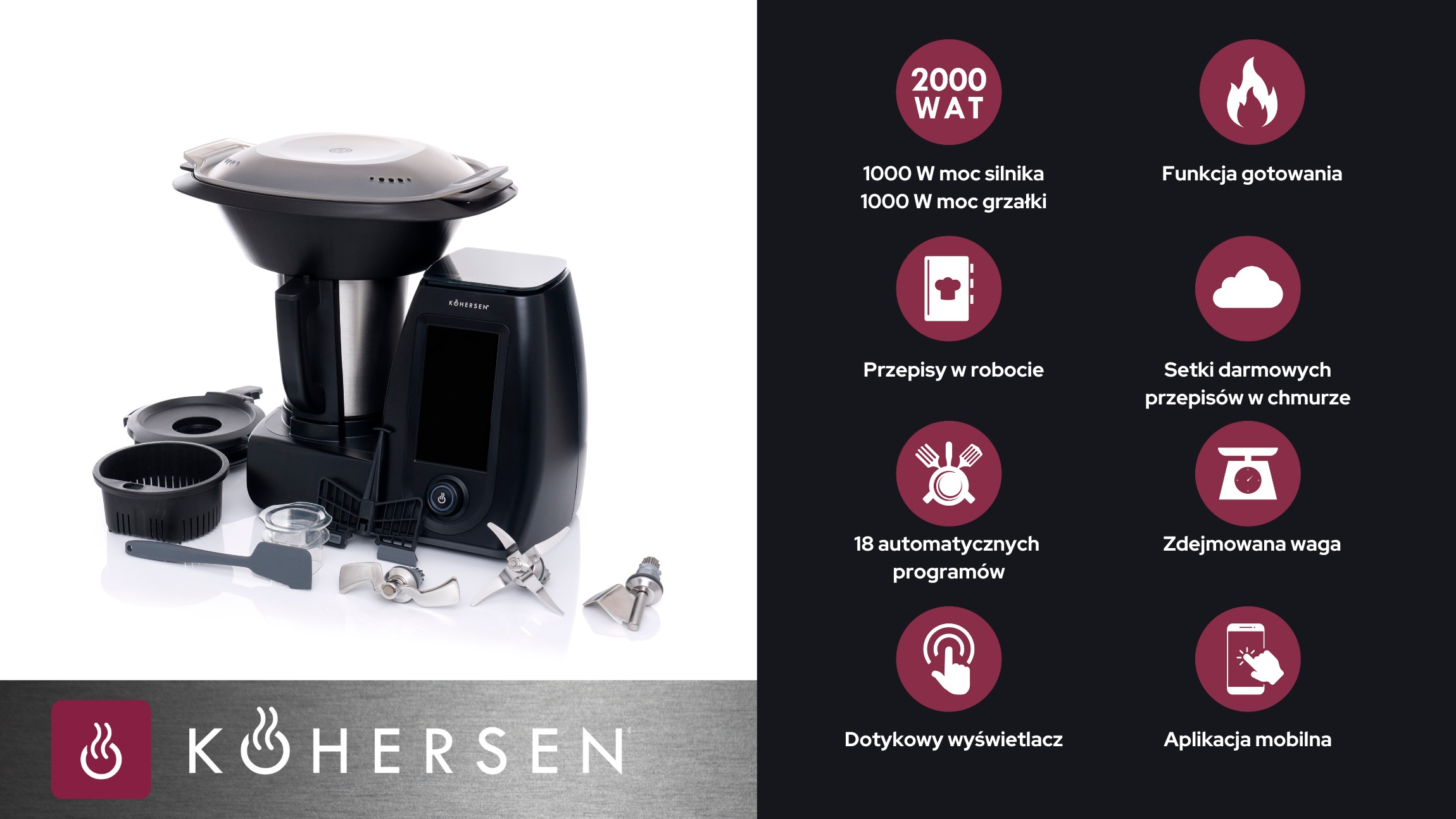 Wielofunkcyjny robot kuchenny z funkcją gotowania Kohersen CY021 w kolorze czarnym