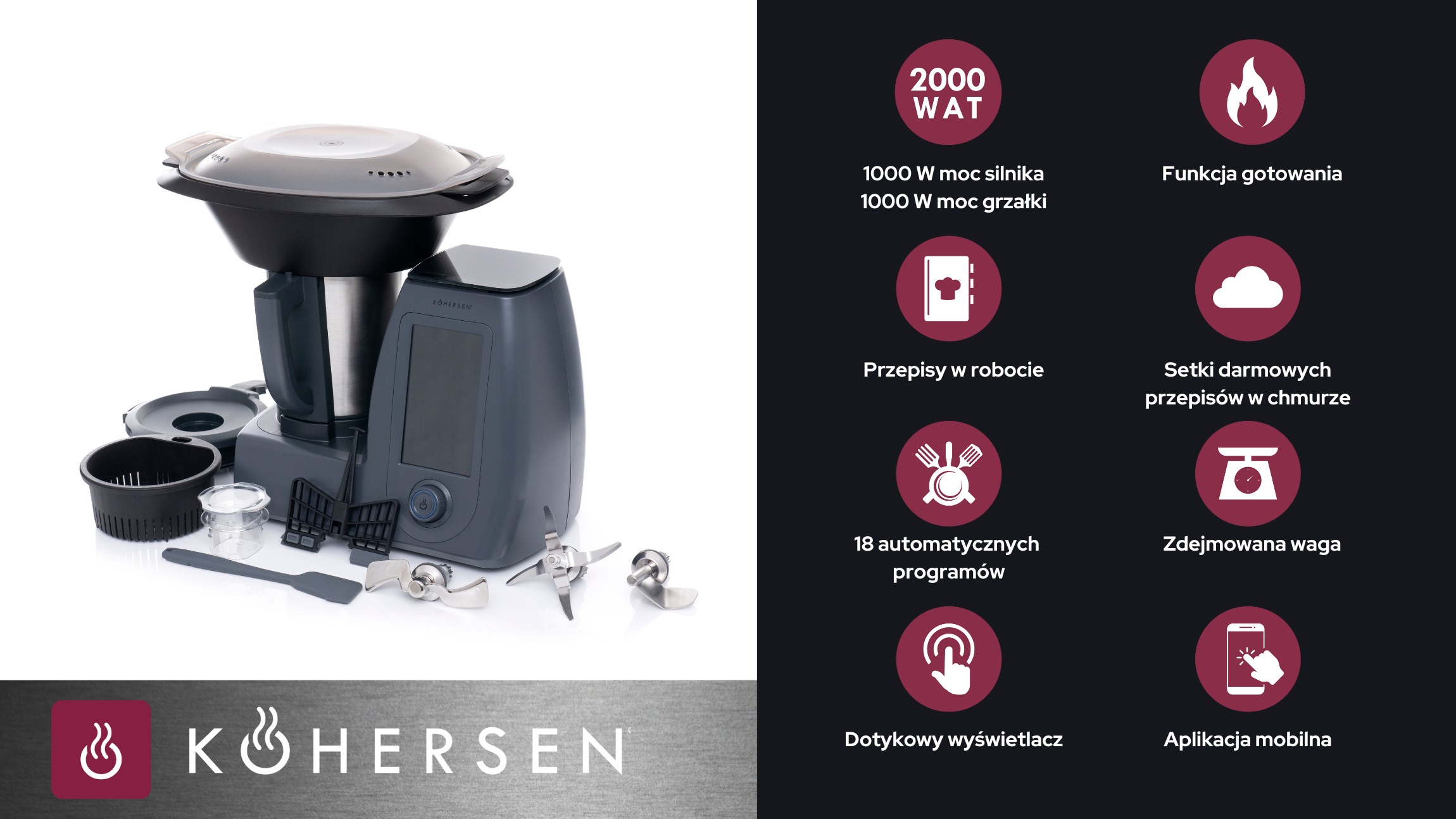 Wielofunkcyjny robot kuchenny z funkcją gotowania Kohersen CY021 w kolorze szarym