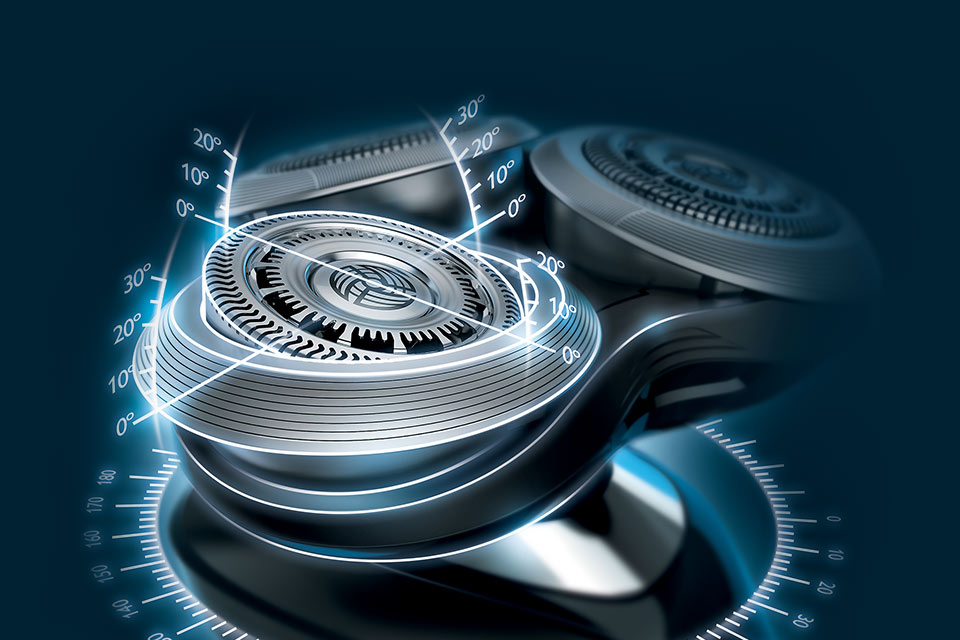 Obrotowe głowice zapewniają dokładne dopasowanie ostrzy do skóry