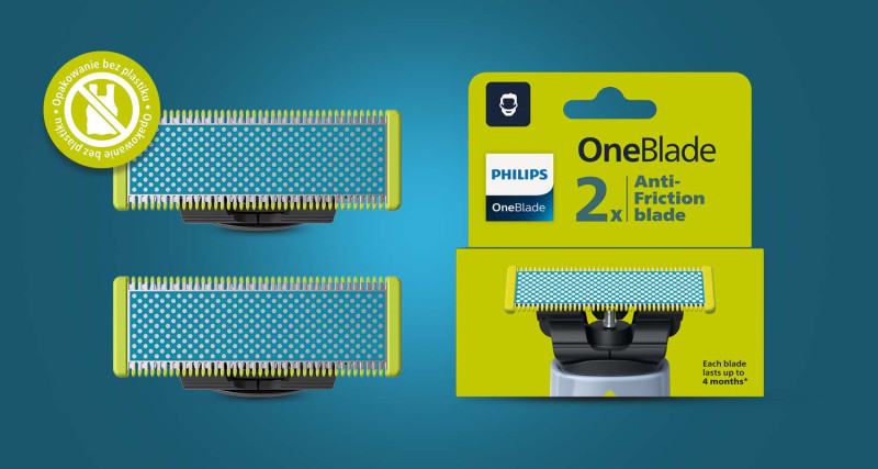 Pozbawione plastiku opakowanie zawiera dwa ostrza Philips OneBlade Anti-Friction QP225/50